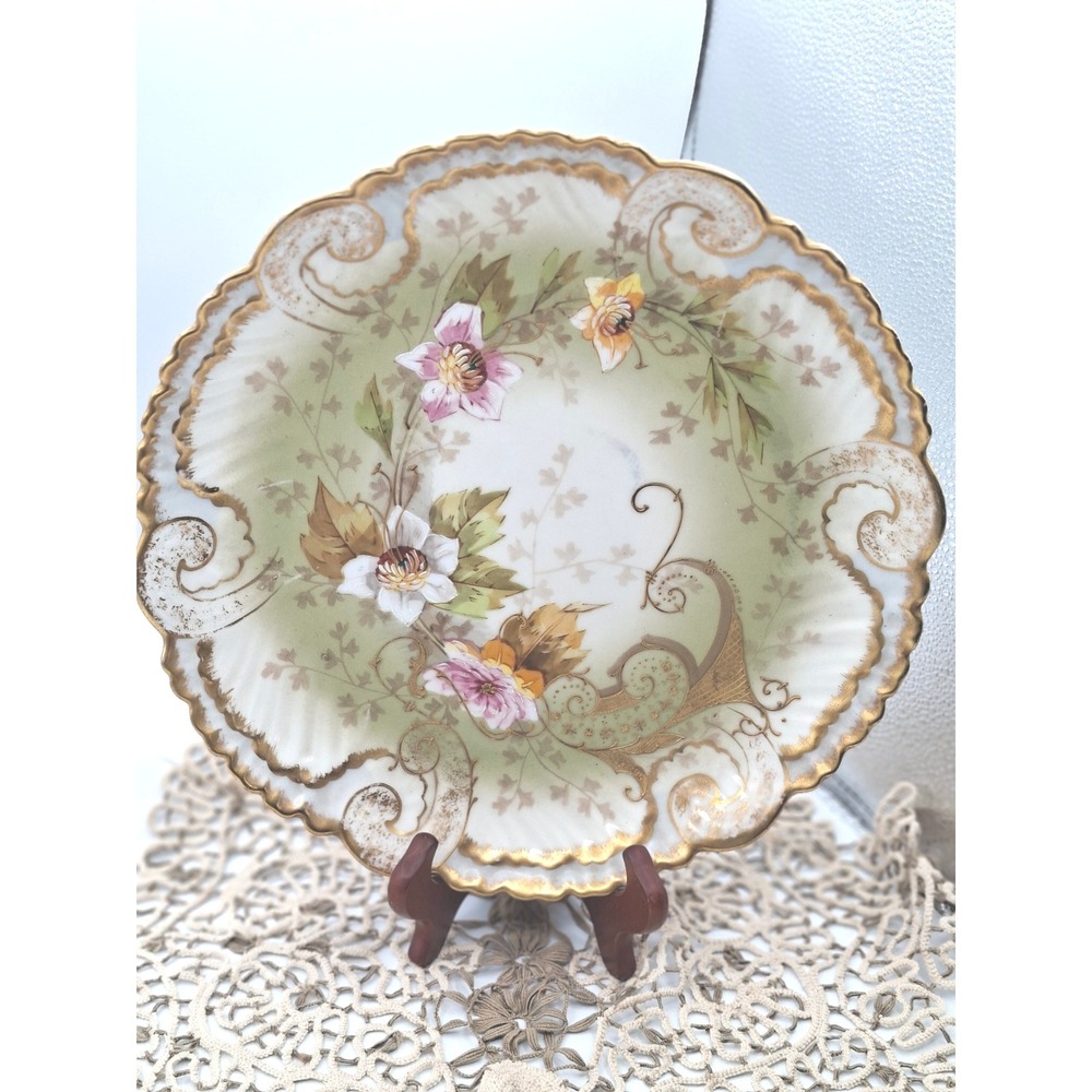 Limoges Antique Hand Painted Floral Porcelain Plate Gold Gilt Scroll 12"